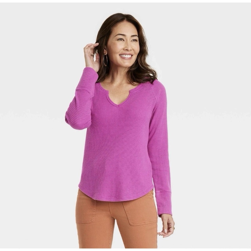 Knox Rose Women's Long Sleeve Notch Neck Thermal Top Berry Purple - Size Large